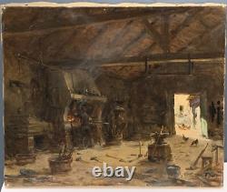 Tableau Ancien Huile Interieur Atelier Forgeron Alexandre Bailly (1866-1947) XIX