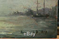 Tableau Ancien Huile Marine BELGIQUE Port ANVERS Bateau 1877 XIXe Monogramme LB