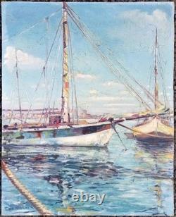 Tableau Ancien Huile Marine Bateaux Post Impressionniste Signé