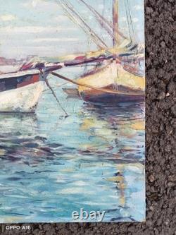 Tableau Ancien Huile Marine Bateaux Post Impressionniste Signé