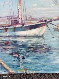 Tableau Ancien Huile Marine Bateaux Post Impressionniste Signé