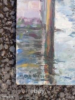 Tableau Ancien Huile Marine Port Bateaux Grue Post Impressionniste Signé