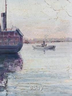 Tableau Ancien Huile Marine Port Bateaux Grue Post Impressionniste Signé