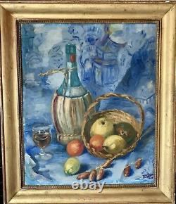 Tableau Ancien Huile Nature Morte Aux Fruits Et Aux Dates Avec Fond Japonisant