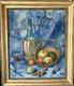 Tableau Ancien Huile Nature Morte Aux Fruits Et Aux Dates Avec Fond Japonisant