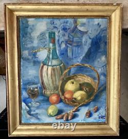 Tableau Ancien Huile Nature Morte Aux Fruits Et Aux Dates Avec Fond Japonisant