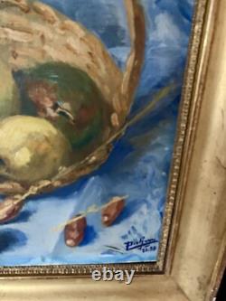 Tableau Ancien Huile Nature Morte Aux Fruits Et Aux Dates Avec Fond Japonisant