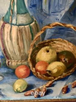 Tableau Ancien Huile Nature Morte Aux Fruits Et Aux Dates Avec Fond Japonisant