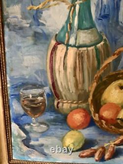 Tableau Ancien Huile Nature Morte Aux Fruits Et Aux Dates Avec Fond Japonisant