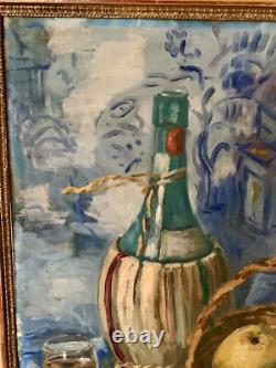 Tableau Ancien Huile Nature Morte Aux Fruits Et Aux Dates Avec Fond Japonisant