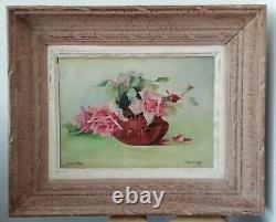 Tableau Ancien Huile Nature Morte Bouquet De Fleurs Roses XXème Signé
