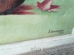 Tableau Ancien Huile Nature Morte Bouquet De Fleurs Roses XXème Signé
