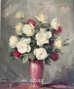 Tableau Ancien Huile Nature Morte Bouquet de Fleurs Roses Impressionniste XXème