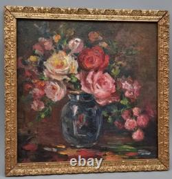 Tableau Ancien Huile Nature Morte Bouquet de Fleurs Roses Impressionniste XXème