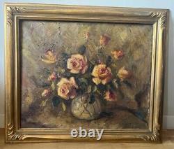Tableau Ancien Huile Nature Morte Bouquet de Fleurs Roses Impressionniste XXème