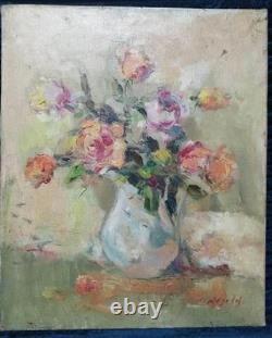 Tableau Ancien Huile Nature Morte Bouquet de Fleurs Roses Impressionniste XXème