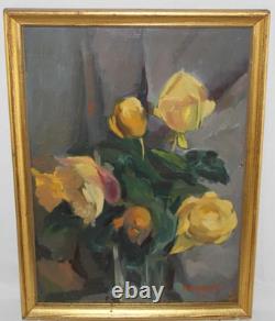 Tableau Ancien Huile Nature Morte Bouquet de Fleurs Roses Impressionniste XXème