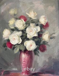 Tableau Ancien Huile Nature Morte Bouquet de Fleurs Roses Impressionniste XXème