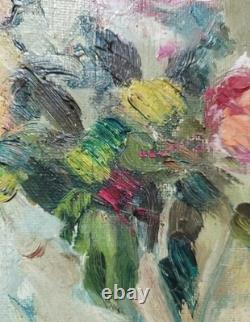 Tableau Ancien Huile Nature Morte Bouquet de Fleurs Roses Impressionniste XXème