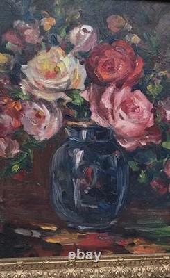 Tableau Ancien Huile Nature Morte Bouquet de Fleurs Roses Impressionniste XXème