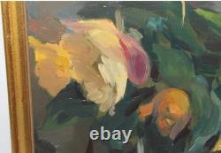 Tableau Ancien Huile Nature Morte Bouquet de Fleurs Roses Impressionniste XXème