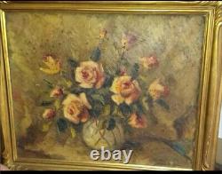 Tableau Ancien Huile Nature Morte Bouquet de Fleurs Roses Impressionniste XXème