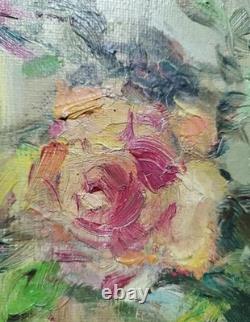 Tableau Ancien Huile Nature Morte Bouquet de Fleurs Roses Impressionniste XXème