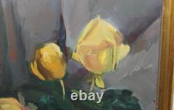 Tableau Ancien Huile Nature Morte Bouquet de Fleurs Roses Impressionniste XXème