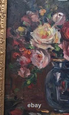 Tableau Ancien Huile Nature Morte Bouquet de Fleurs Roses Impressionniste XXème