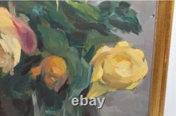 Tableau Ancien Huile Nature Morte Bouquet de Fleurs Roses Impressionniste XXème