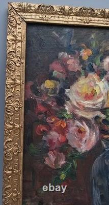Tableau Ancien Huile Nature Morte Bouquet de Fleurs Roses Impressionniste XXème