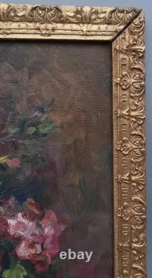 Tableau Ancien Huile Nature Morte Bouquet de Fleurs Roses Impressionniste XXème