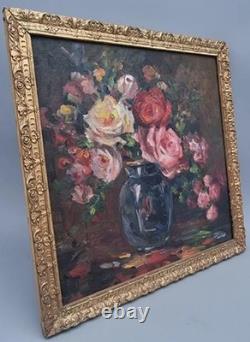 Tableau Ancien Huile Nature Morte Bouquet de Fleurs Roses Impressionniste XXème