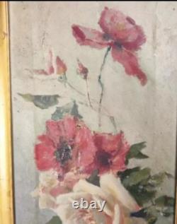 Tableau Ancien Huile Nature Morte Bouquet de Fleurs Roses fin XIXéme