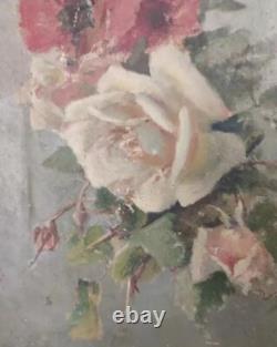 Tableau Ancien Huile Nature Morte Bouquet de Fleurs Roses fin XIXéme
