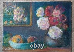 Tableau Ancien Huile Nature Morte Bouquet de Fleurs et fruits Impressionniste
