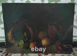 Tableau Ancien Huile Nature Morte Fruits, Oignon et Vin XXème