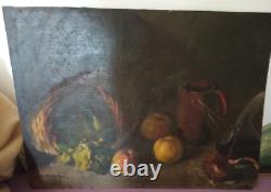 Tableau Ancien Huile Nature Morte Fruits, Oignon et Vin XXème