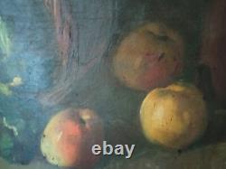 Tableau Ancien Huile Nature Morte Fruits, Oignon et Vin XXème