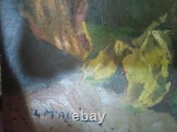 Tableau Ancien Huile Nature Morte Fruits, Oignon et Vin XXème