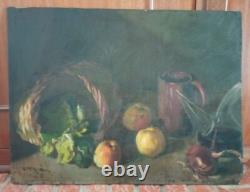 Tableau Ancien Huile Nature Morte Fruits, Oignon et Vin XXème