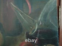 Tableau Ancien Huile Nature Morte Fruits, Oignon et Vin XXème