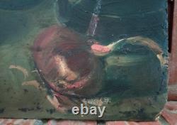 Tableau Ancien Huile Nature Morte Fruits, Oignon et Vin XXème