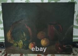 Tableau Ancien Huile Nature Morte Fruits, Oignon et Vin XXème