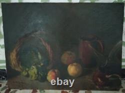 Tableau Ancien Huile Nature Morte Fruits, Oignon et Vin XXème