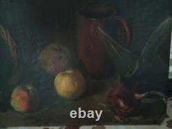 Tableau Ancien Huile Nature Morte Fruits, Oignon et Vin XXème