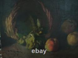 Tableau Ancien Huile Nature Morte Fruits, Oignon et Vin XXème
