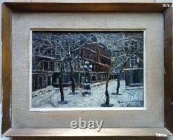 Tableau Ancien Huile Panneau Vue De Ville Enneigée Début Xx Ème Signature