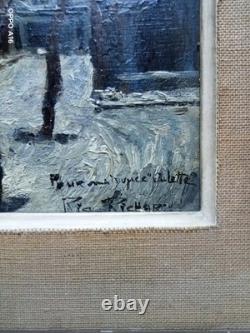Tableau Ancien Huile Panneau Vue De Ville Enneigée Début Xx Ème Signature