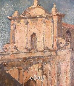 Tableau Ancien Huile Paysage Architecture Église Pont Venise Italie Fin XIXe
